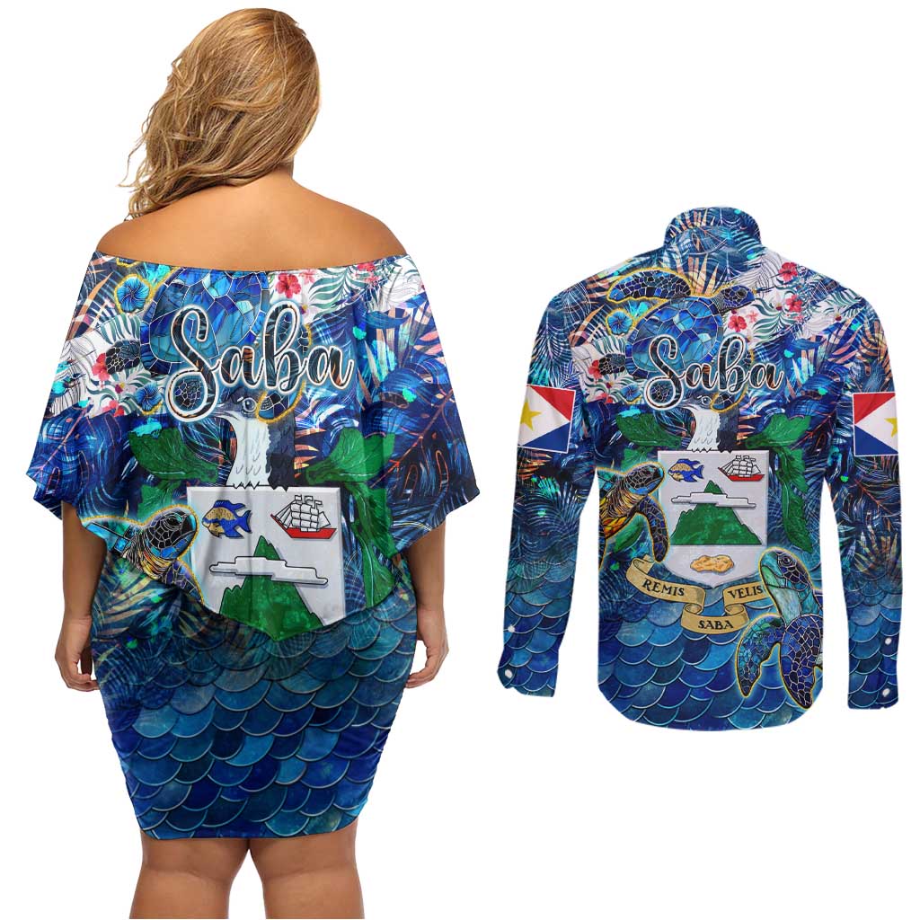Saba Couples Matching Off Shoulder Short Dress and Long Sleeve Button Shirt Sea Turtle Tropical Pattern