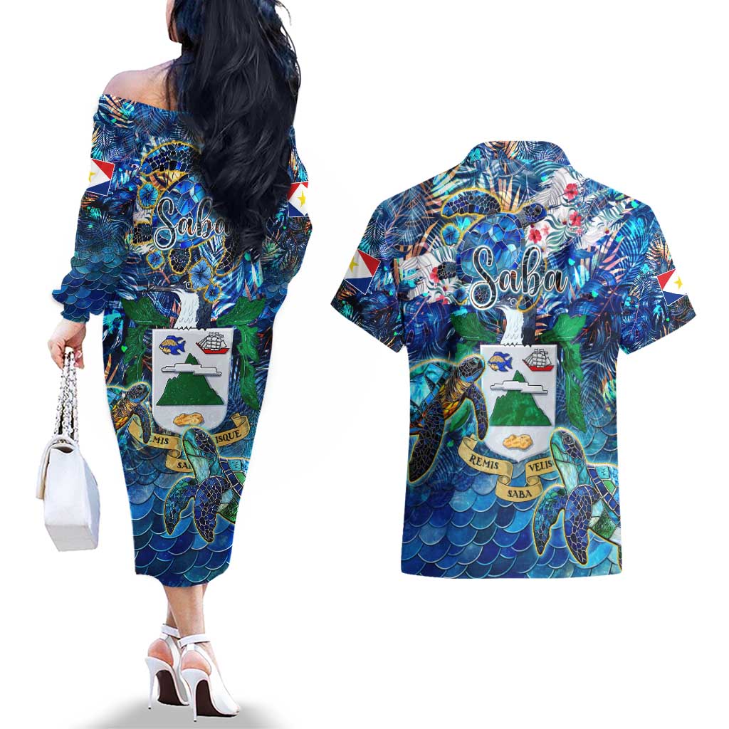 Saba Couples Matching Off The Shoulder Long Sleeve Dress and Hawaiian Shirt Sea Turtle Tropical Pattern