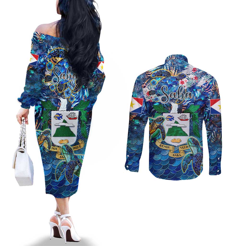 Saba Couples Matching Off The Shoulder Long Sleeve Dress and Long Sleeve Button Shirt Sea Turtle Tropical Pattern