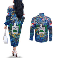 Saba Couples Matching Off The Shoulder Long Sleeve Dress and Long Sleeve Button Shirt Sea Turtle Tropical Pattern