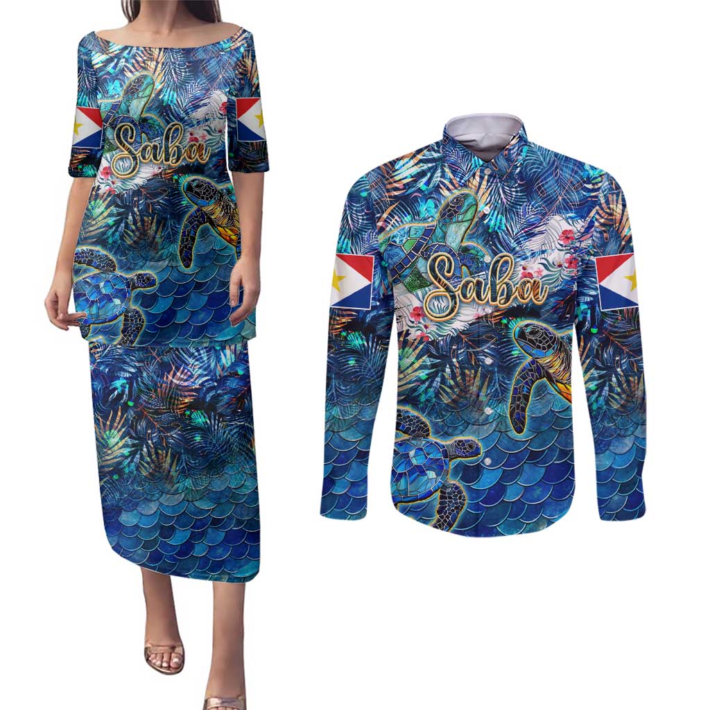 Saba Couples Matching Puletasi and Long Sleeve Button Shirt Sea Turtle Tropical Pattern