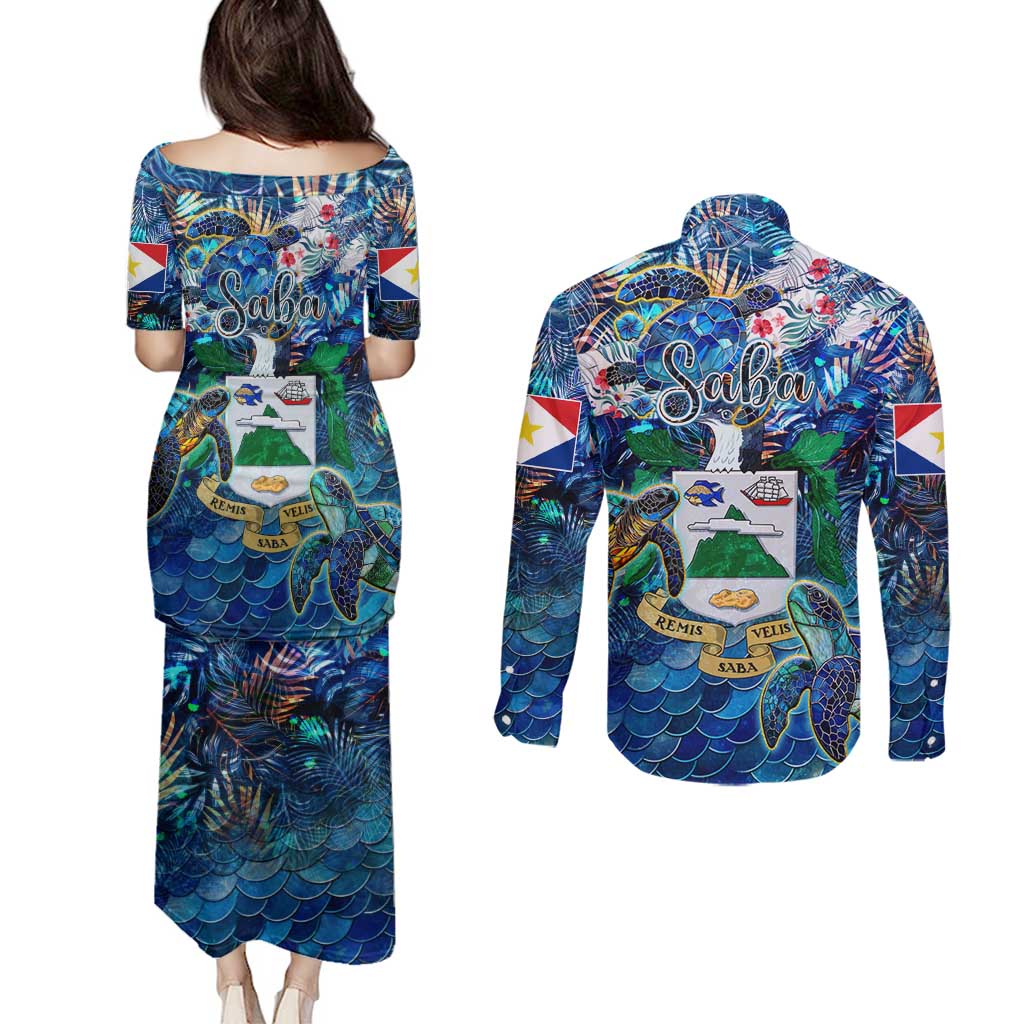Saba Couples Matching Puletasi and Long Sleeve Button Shirt Sea Turtle Tropical Pattern