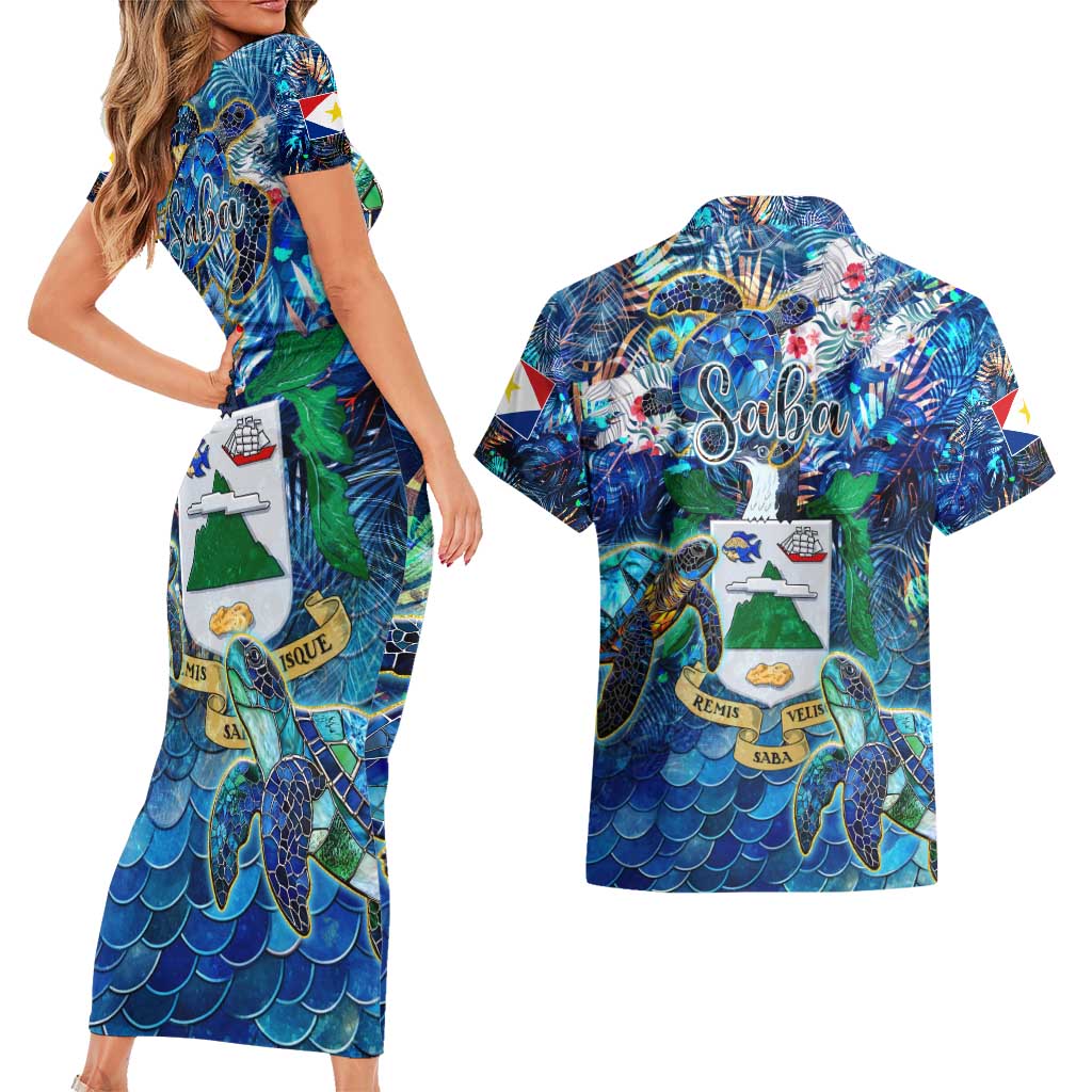 Saba Couples Matching Short Sleeve Bodycon Dress and Hawaiian Shirt Sea Turtle Tropical Pattern