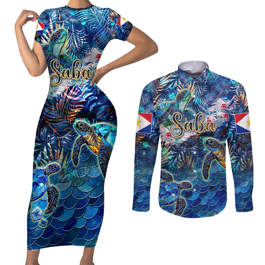 Saba Couples Matching Short Sleeve Bodycon Dress and Long Sleeve Button Shirt Sea Turtle Tropical Pattern