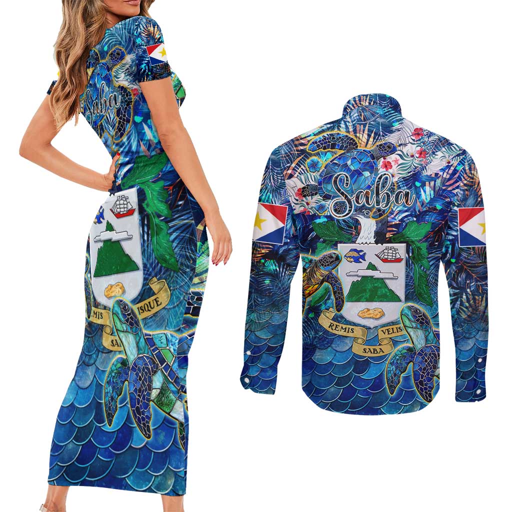 Saba Couples Matching Short Sleeve Bodycon Dress and Long Sleeve Button Shirt Sea Turtle Tropical Pattern
