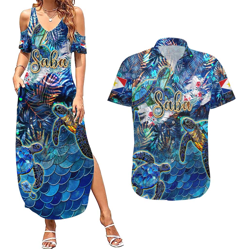 Saba Couples Matching Summer Maxi Dress and Hawaiian Shirt Sea Turtle Tropical Pattern