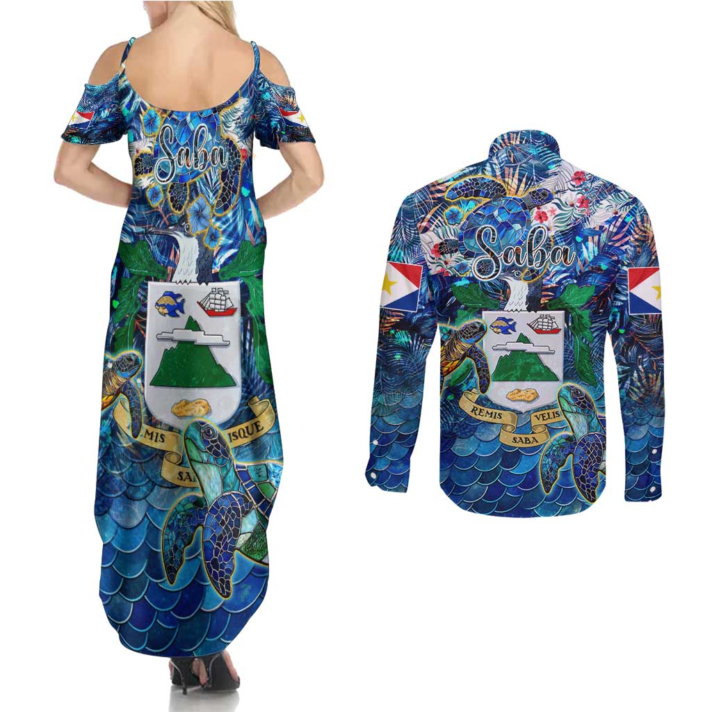 Saba Couples Matching Summer Maxi Dress and Long Sleeve Button Shirt Sea Turtle Tropical Pattern