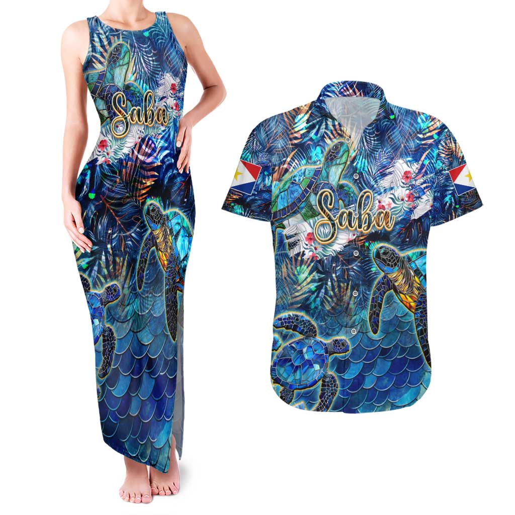 Saba Couples Matching Tank Maxi Dress and Hawaiian Shirt Sea Turtle Tropical Pattern