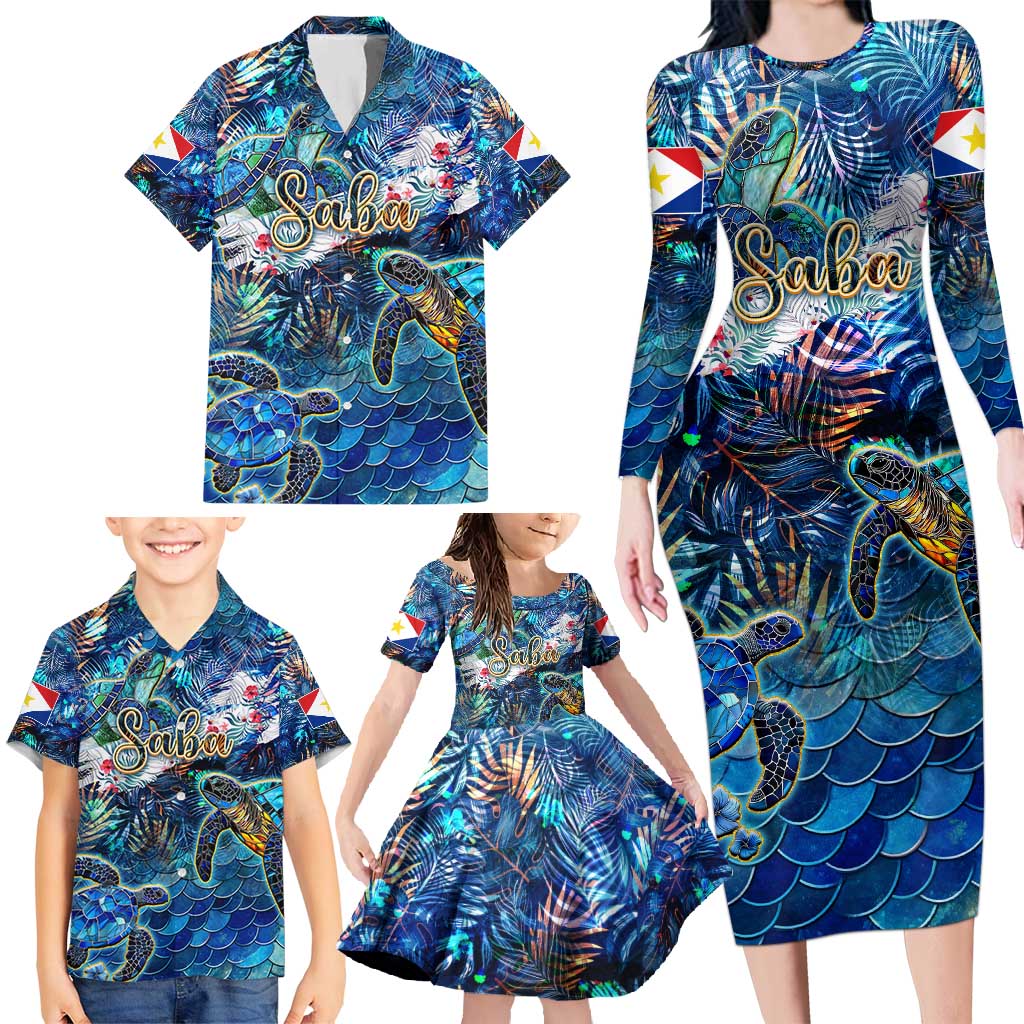 Saba Family Matching Long Sleeve Bodycon Dress and Hawaiian Shirt Sea Turtle Tropical Pattern