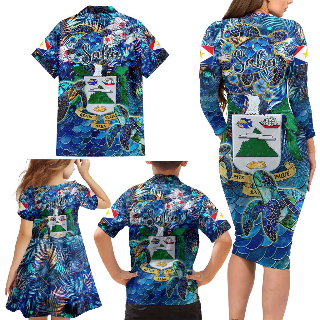 Saba Family Matching Long Sleeve Bodycon Dress and Hawaiian Shirt Sea Turtle Tropical Pattern