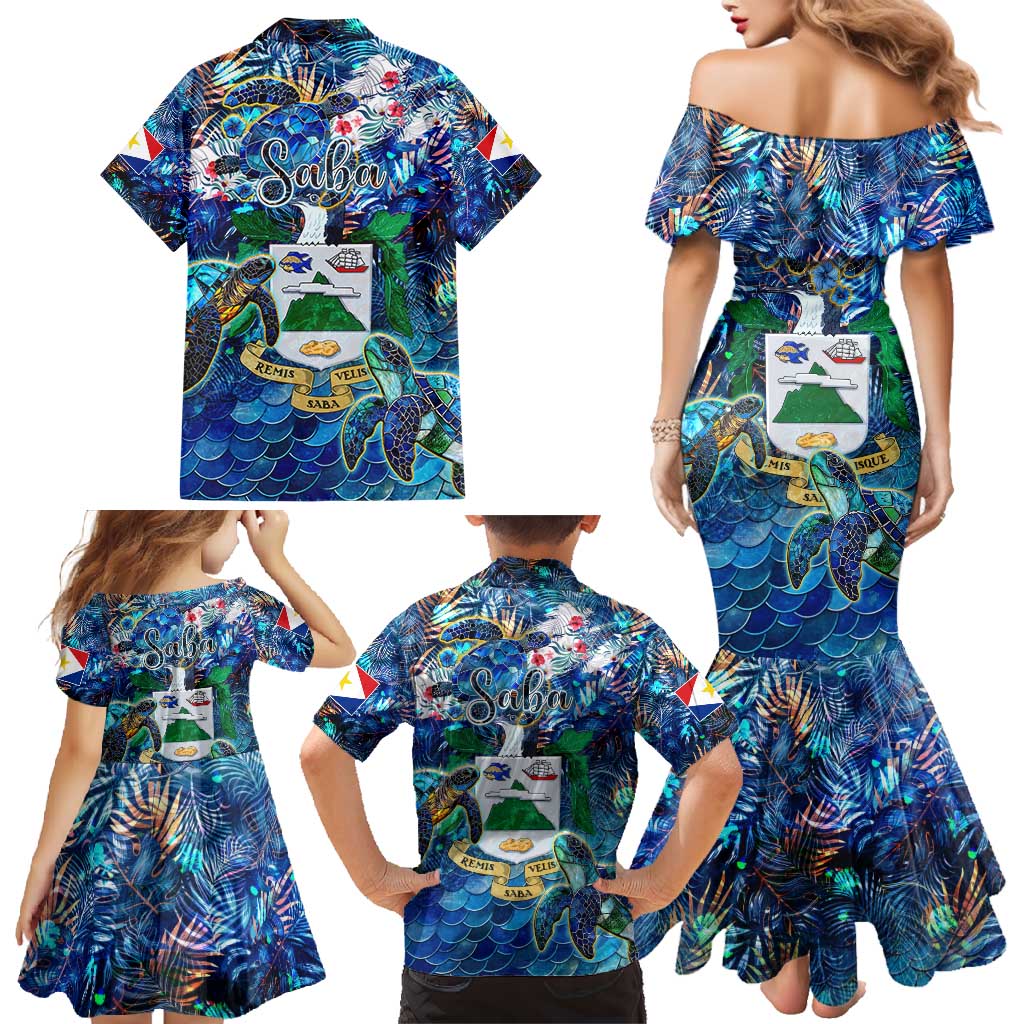 Saba Family Matching Mermaid Dress and Hawaiian Shirt Sea Turtle Tropical Pattern
