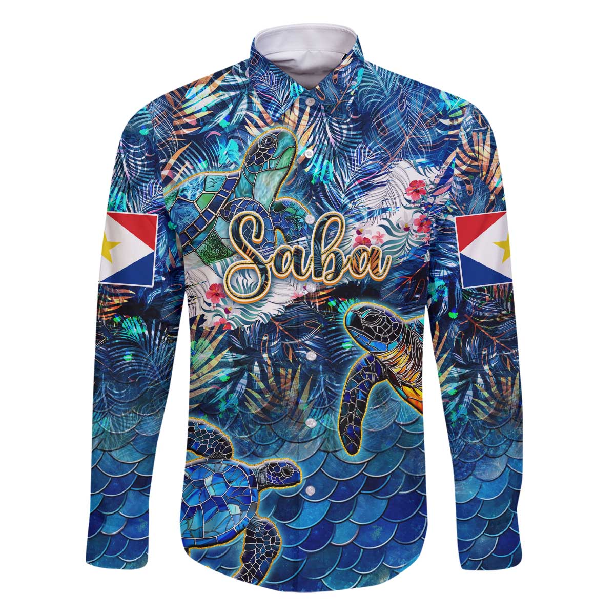 Saba Family Matching Off The Shoulder Long Sleeve Dress and Hawaiian Shirt Sea Turtle Tropical Pattern