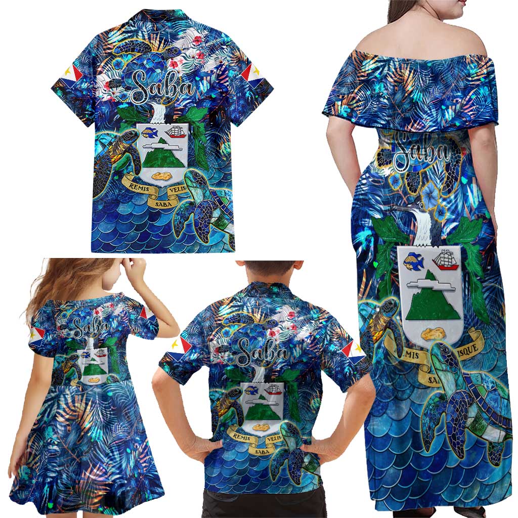 Saba Family Matching Off Shoulder Maxi Dress and Hawaiian Shirt Sea Turtle Tropical Pattern