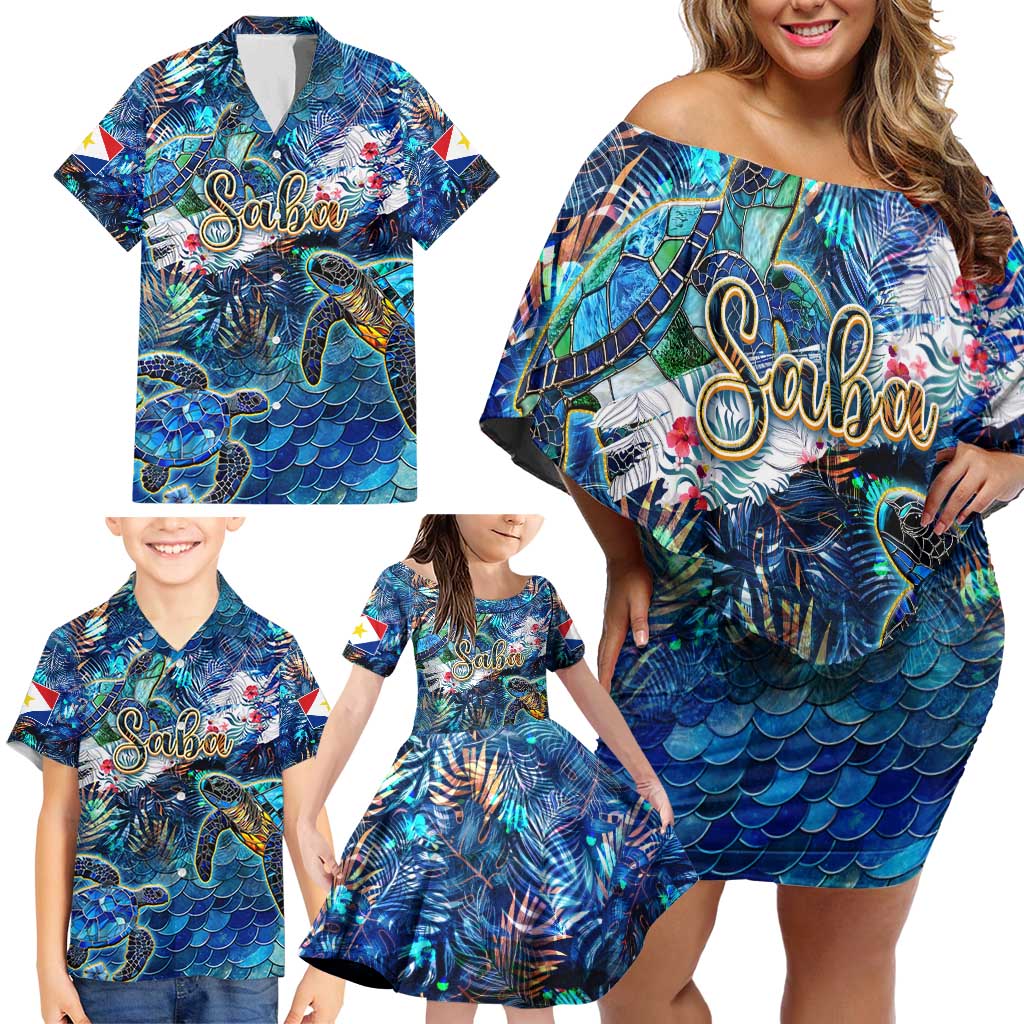 Saba Family Matching Off Shoulder Short Dress and Hawaiian Shirt Sea Turtle Tropical Pattern - Wonder Print Shop