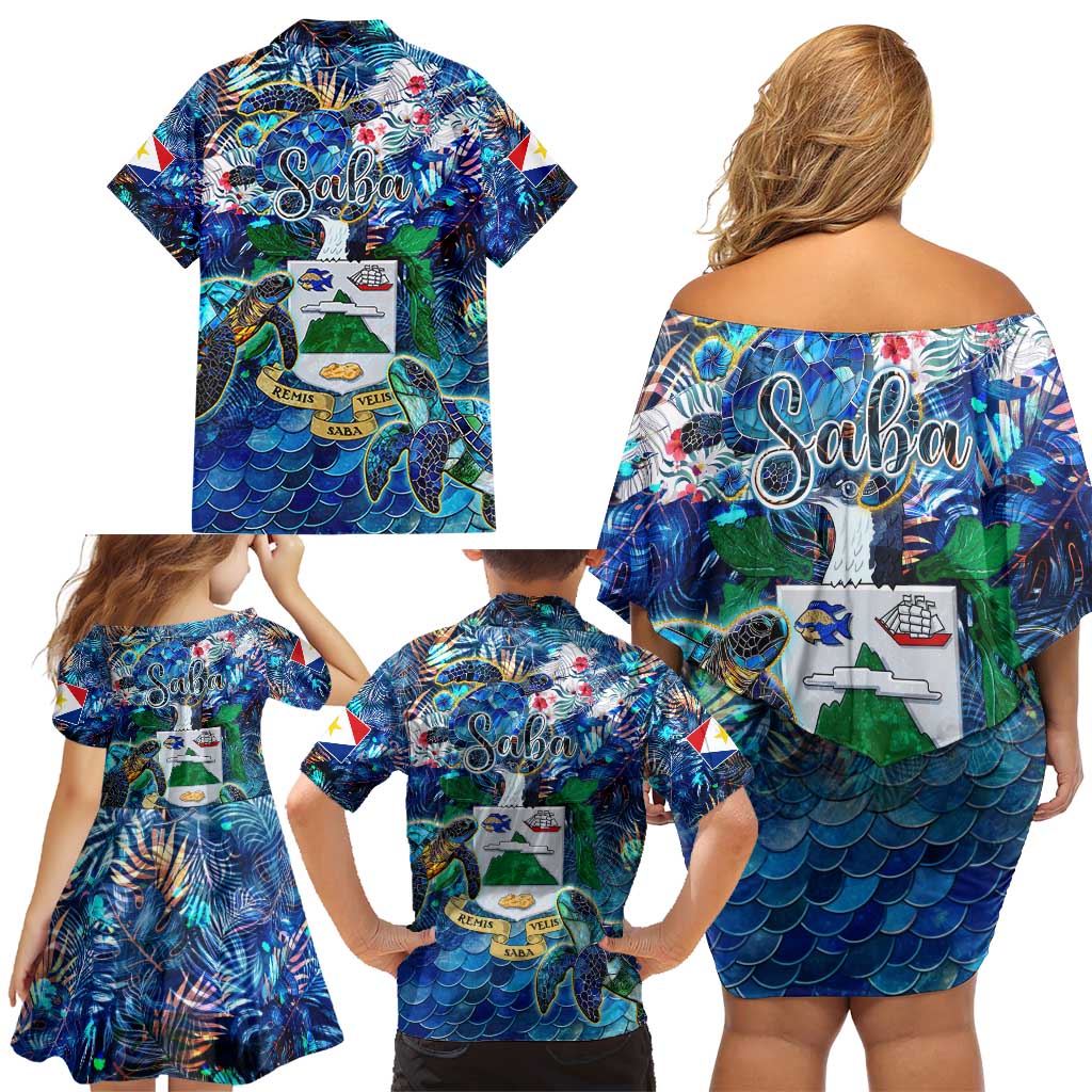 Saba Family Matching Off Shoulder Short Dress and Hawaiian Shirt Sea Turtle Tropical Pattern - Wonder Print Shop