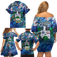 Saba Family Matching Off Shoulder Short Dress and Hawaiian Shirt Sea Turtle Tropical Pattern - Wonder Print Shop