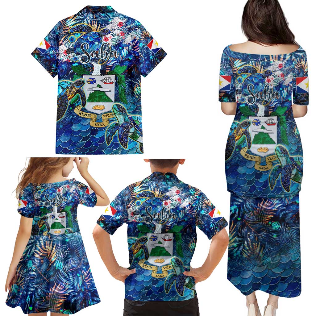 Saba Family Matching Puletasi and Hawaiian Shirt Sea Turtle Tropical Pattern