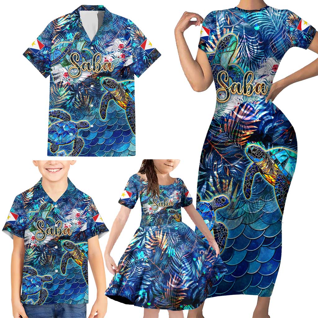 Saba Family Matching Short Sleeve Bodycon Dress and Hawaiian Shirt Sea Turtle Tropical Pattern - Wonder Print Shop