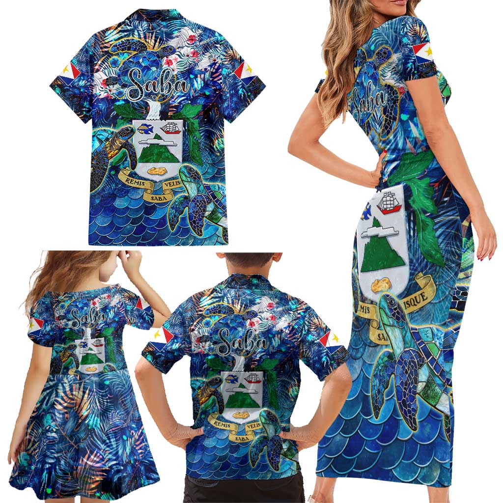 Saba Family Matching Short Sleeve Bodycon Dress and Hawaiian Shirt Sea Turtle Tropical Pattern - Wonder Print Shop