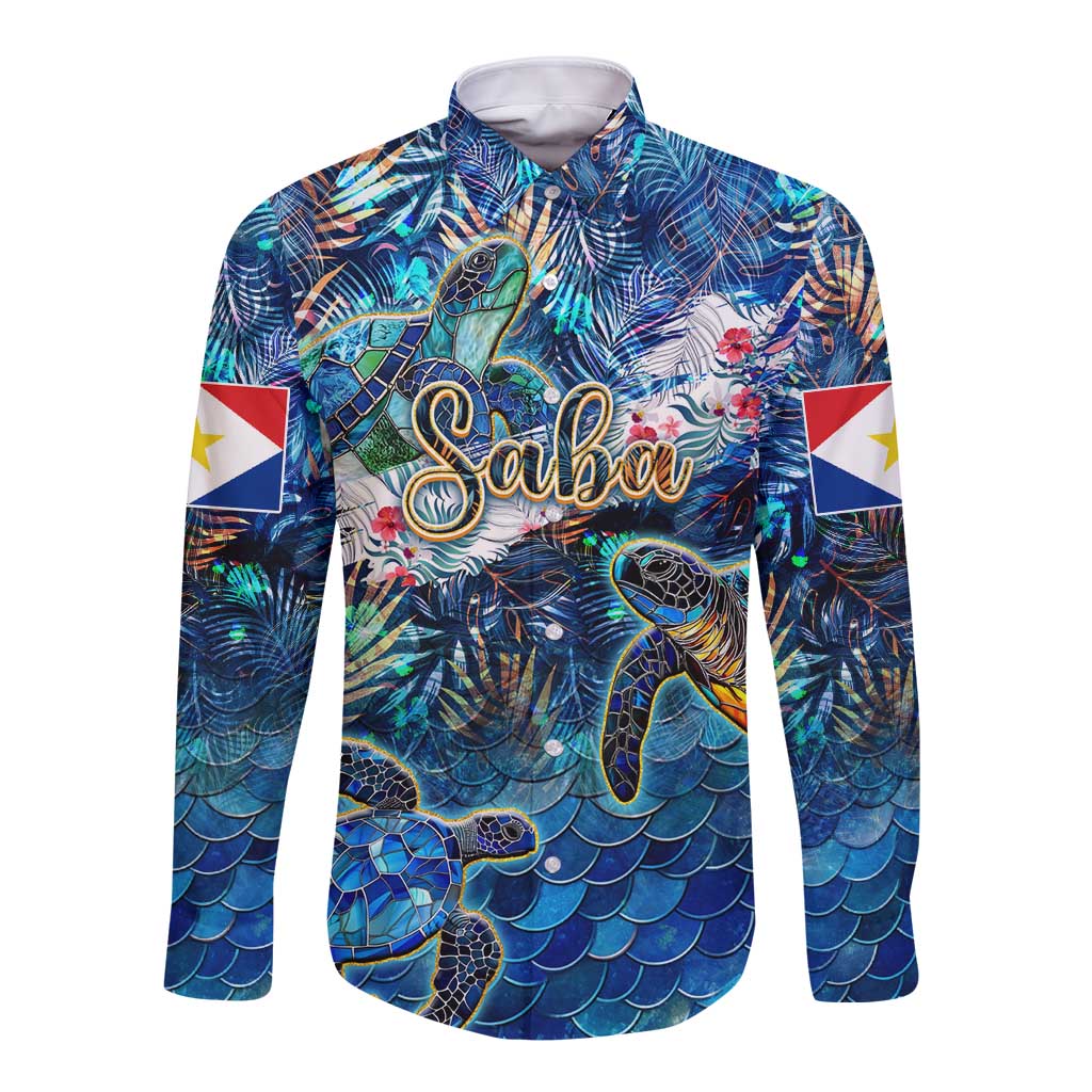 Saba Long Sleeve Button Shirt Sea Turtle Tropical Pattern