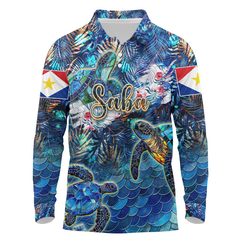 Saba Long Sleeve Polo Shirt Sea Turtle Tropical Pattern - Wonder Print Shop