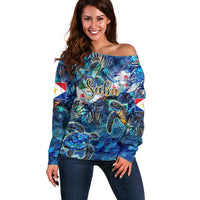 Saba Off Shoulder Sweater Sea Turtle Tropical Pattern - Wonder Print Shop