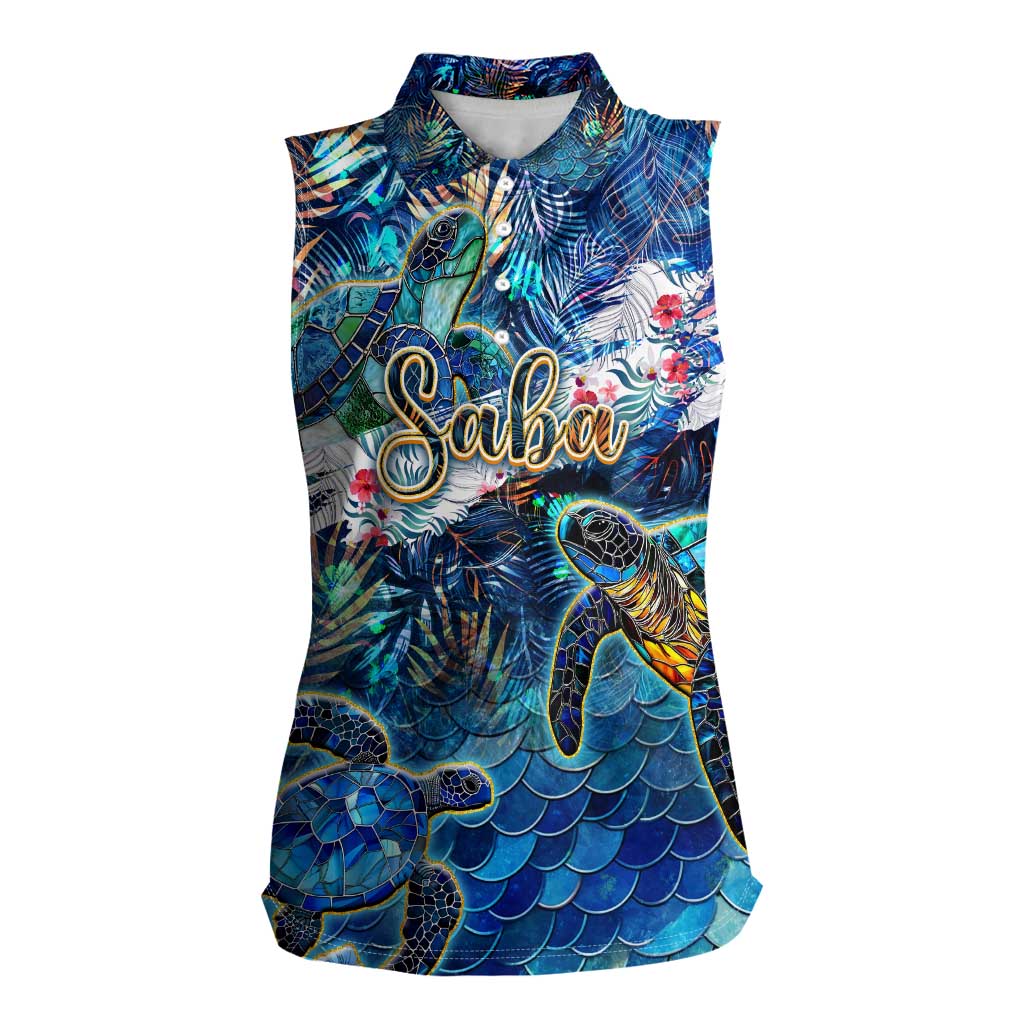 Saba Women Sleeveless Polo Shirt Sea Turtle Tropical Pattern - Wonder Print Shop