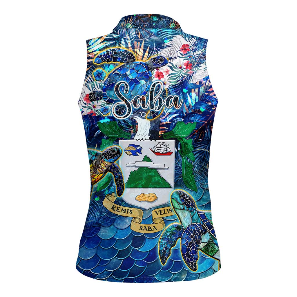 Saba Women Sleeveless Polo Shirt Sea Turtle Tropical Pattern - Wonder Print Shop