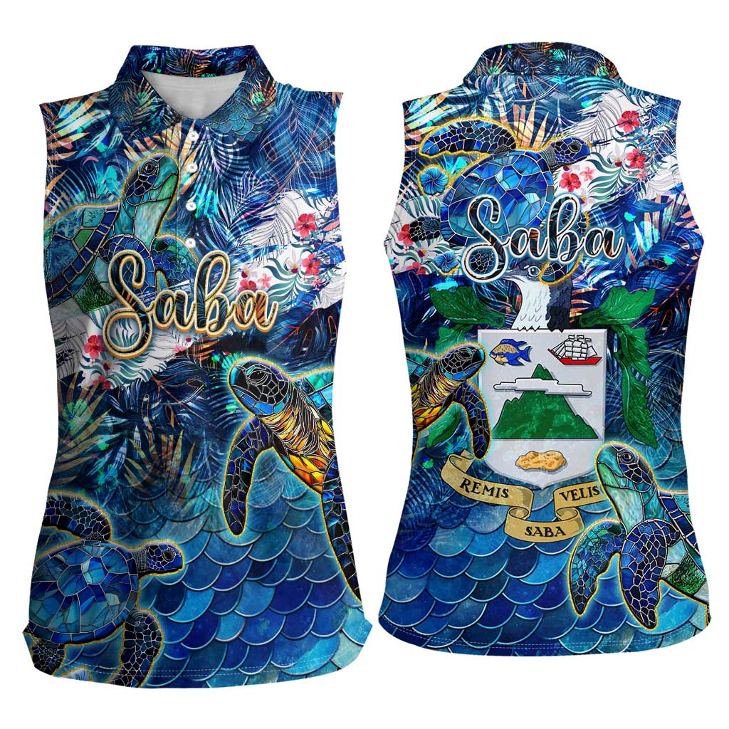Saba Women Sleeveless Polo Shirt Sea Turtle Tropical Pattern - Wonder Print Shop
