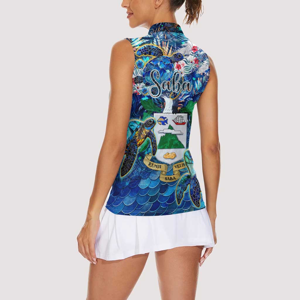 Saba Women Sleeveless Polo Shirt Sea Turtle Tropical Pattern - Wonder Print Shop