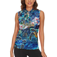 Saba Women Sleeveless Polo Shirt Sea Turtle Tropical Pattern - Wonder Print Shop