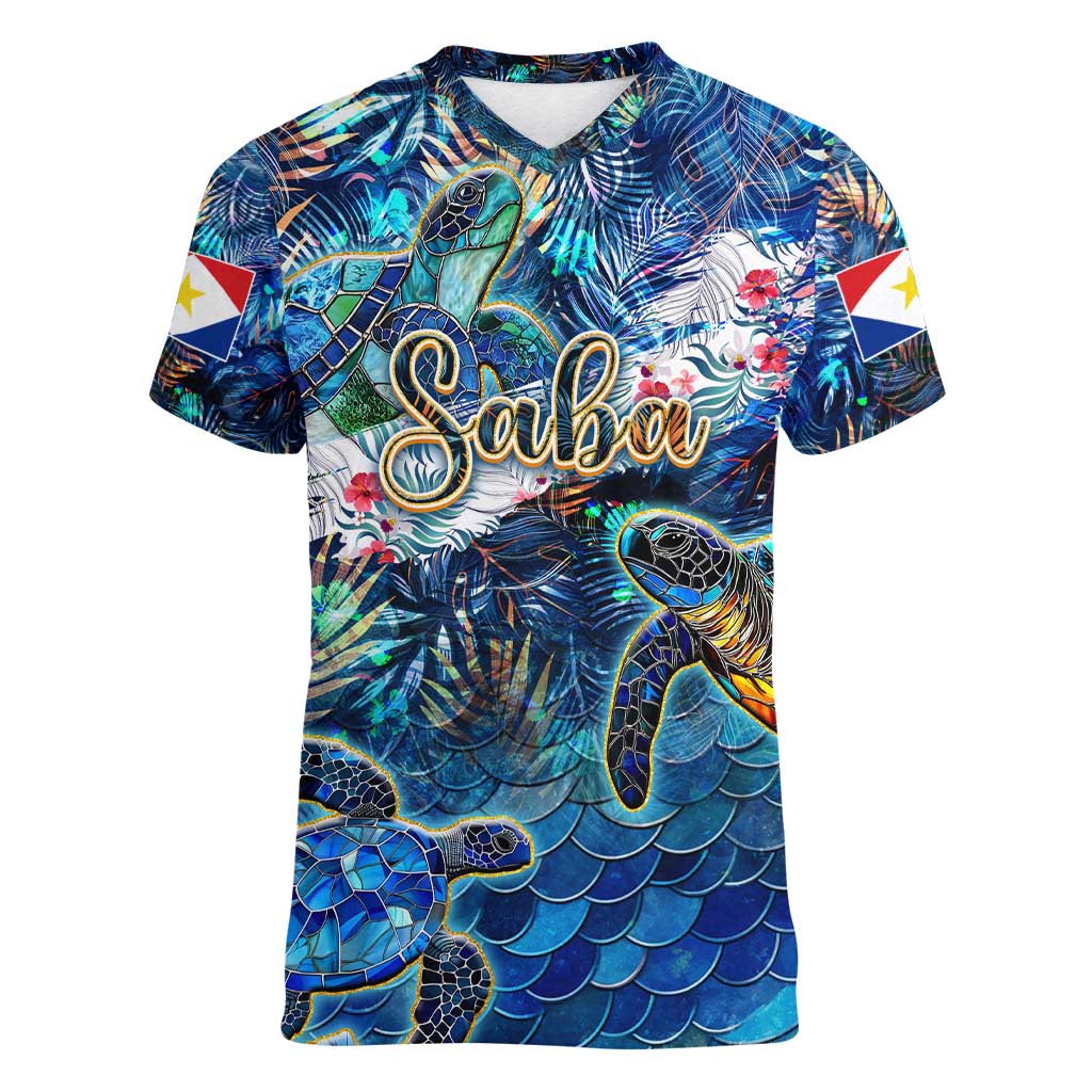 Saba Women V-Neck T-Shirt Sea Turtle Tropical Pattern - Wonder Print Shop