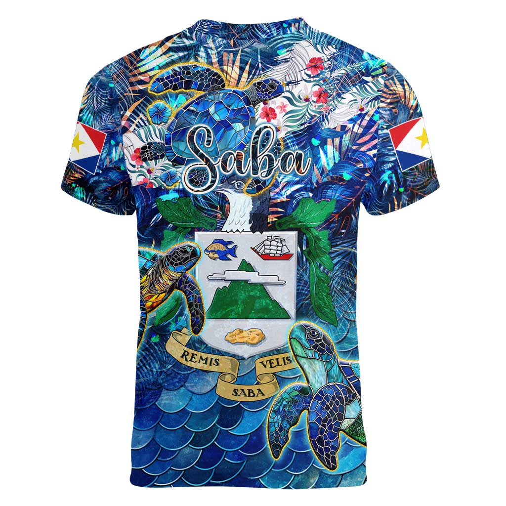 Saba Women V-Neck T-Shirt Sea Turtle Tropical Pattern - Wonder Print Shop