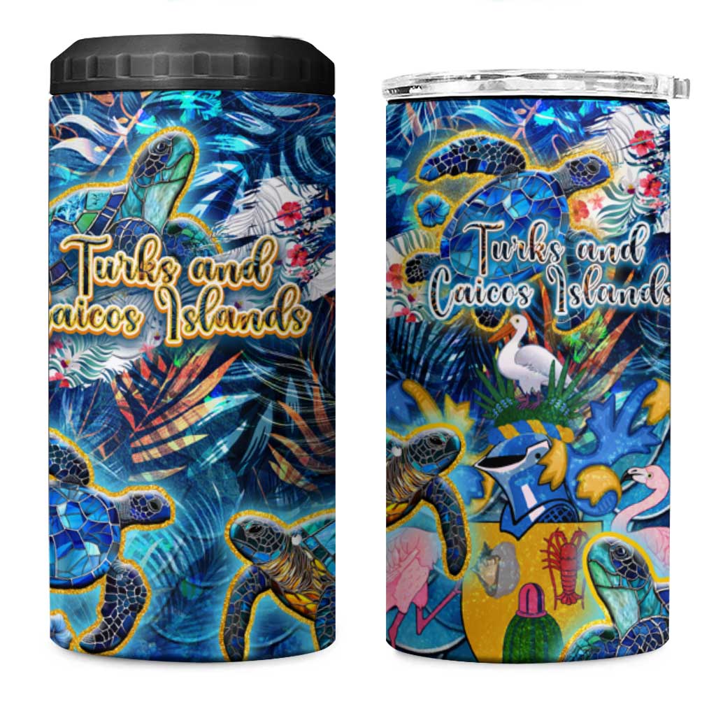 Turks and Caicos Islands 4 in 1 Can Cooler Tumbler Sea Turtle Tropical Pattern