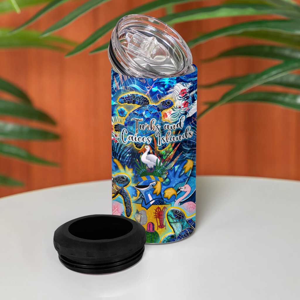 Turks and Caicos Islands 4 in 1 Can Cooler Tumbler Sea Turtle Tropical Pattern