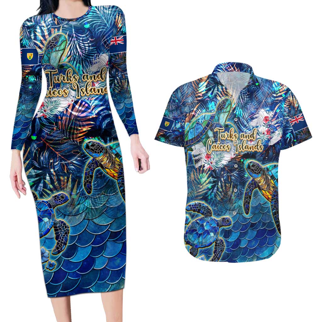 Turks and Caicos Islands Couples Matching Long Sleeve Bodycon Dress and Hawaiian Shirt Sea Turtle Tropical Pattern