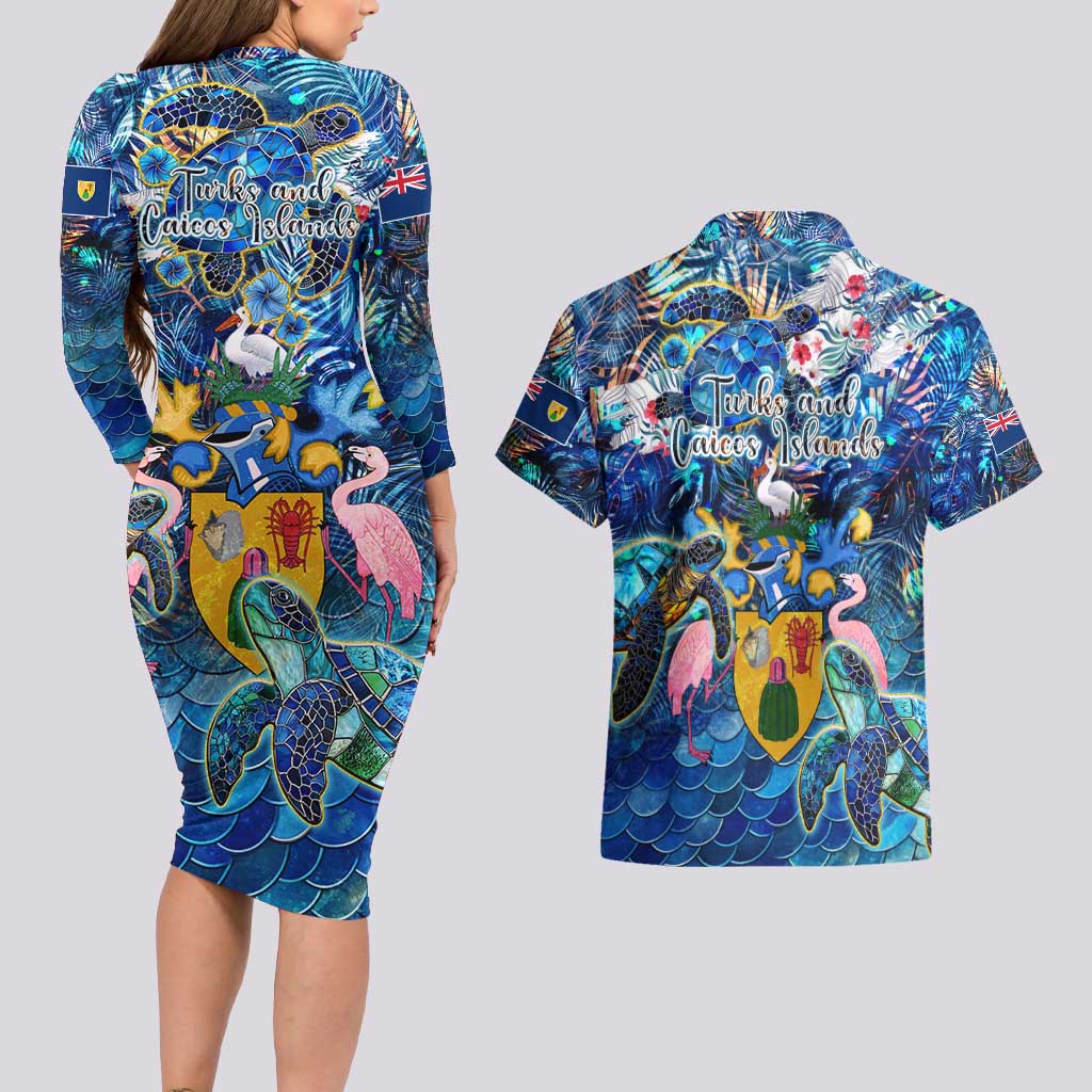 Turks and Caicos Islands Couples Matching Long Sleeve Bodycon Dress and Hawaiian Shirt Sea Turtle Tropical Pattern