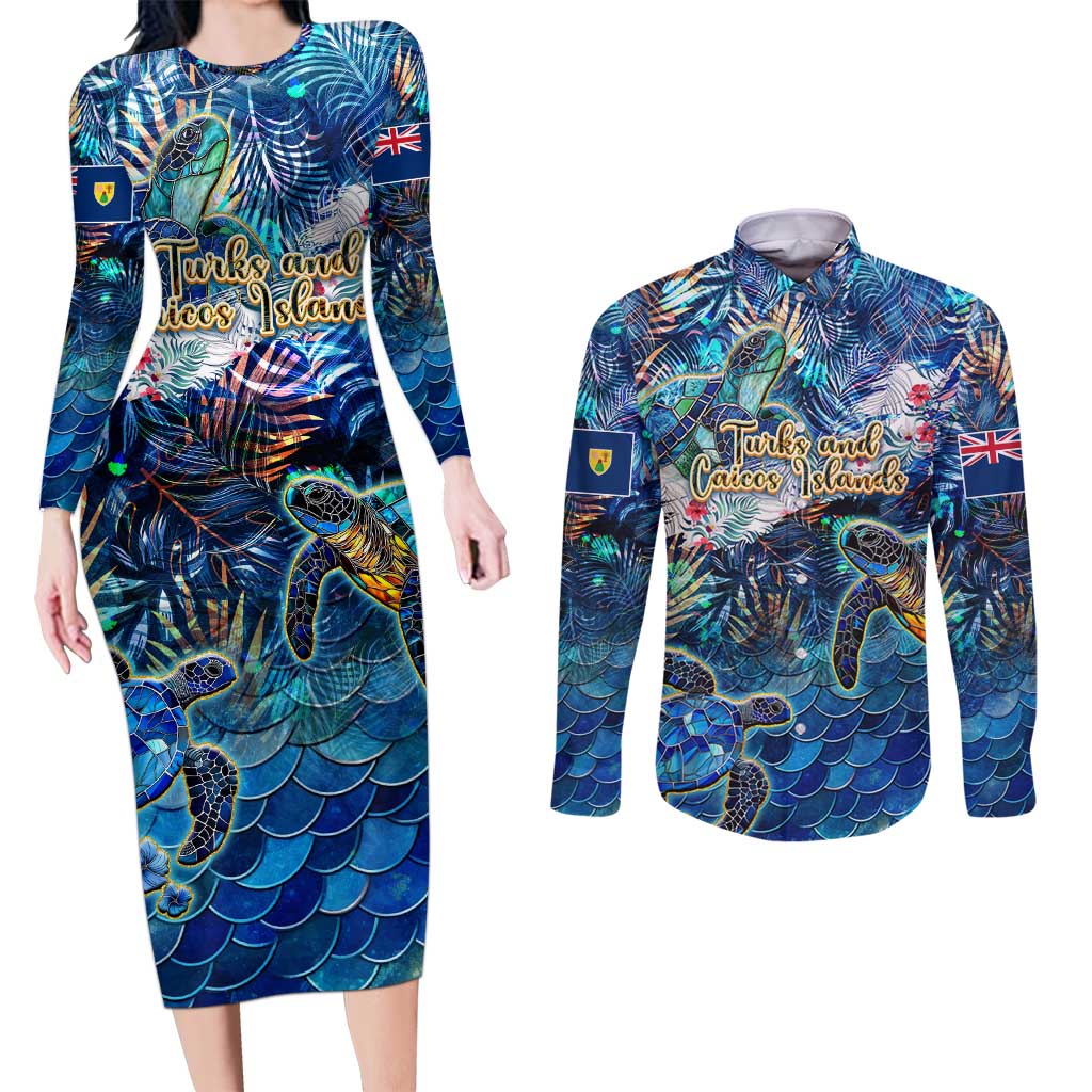 Turks and Caicos Islands Couples Matching Long Sleeve Bodycon Dress and Long Sleeve Button Shirt Sea Turtle Tropical Pattern