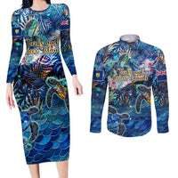 Turks and Caicos Islands Couples Matching Long Sleeve Bodycon Dress and Long Sleeve Button Shirt Sea Turtle Tropical Pattern