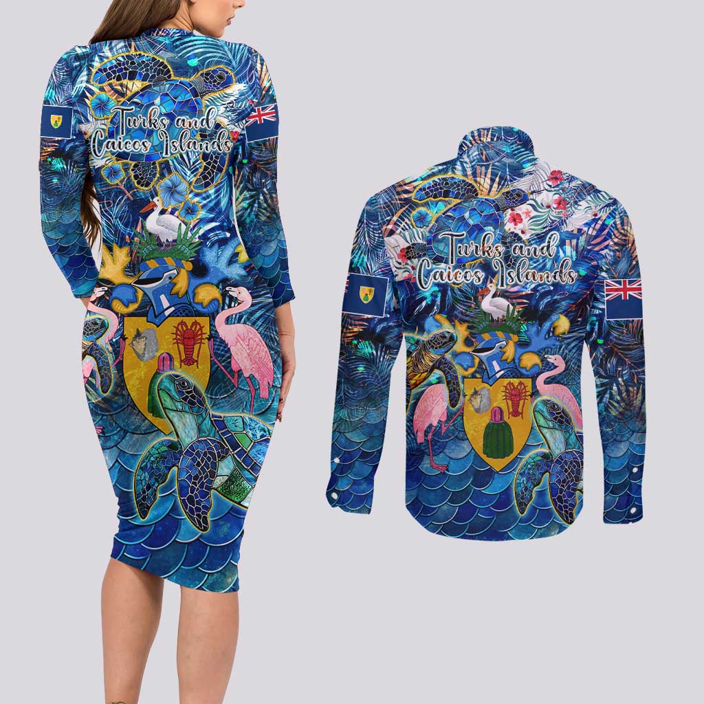 Turks and Caicos Islands Couples Matching Long Sleeve Bodycon Dress and Long Sleeve Button Shirt Sea Turtle Tropical Pattern