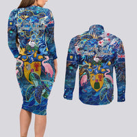 Turks and Caicos Islands Couples Matching Long Sleeve Bodycon Dress and Long Sleeve Button Shirt Sea Turtle Tropical Pattern