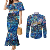 Turks and Caicos Islands Couples Matching Mermaid Dress and Long Sleeve Button Shirt Sea Turtle Tropical Pattern