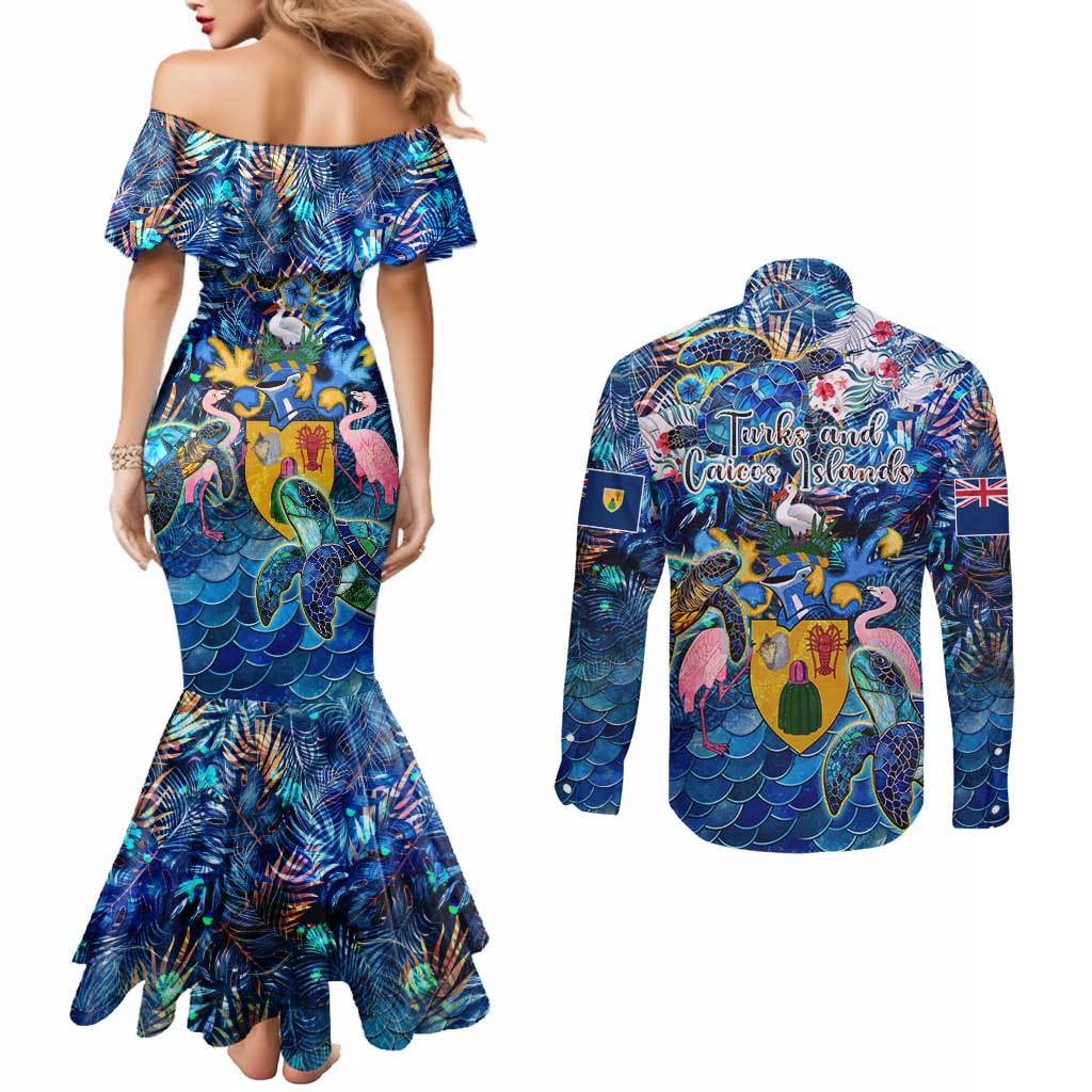 Turks and Caicos Islands Couples Matching Mermaid Dress and Long Sleeve Button Shirt Sea Turtle Tropical Pattern
