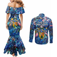 Turks and Caicos Islands Couples Matching Mermaid Dress and Long Sleeve Button Shirt Sea Turtle Tropical Pattern
