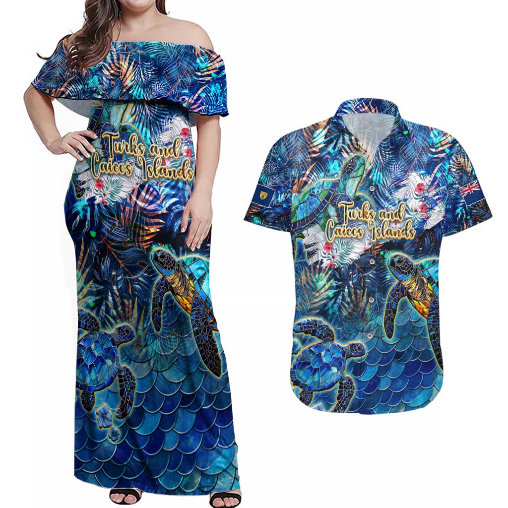 Turks and Caicos Islands Couples Matching Off Shoulder Maxi Dress and Hawaiian Shirt Sea Turtle Tropical Pattern