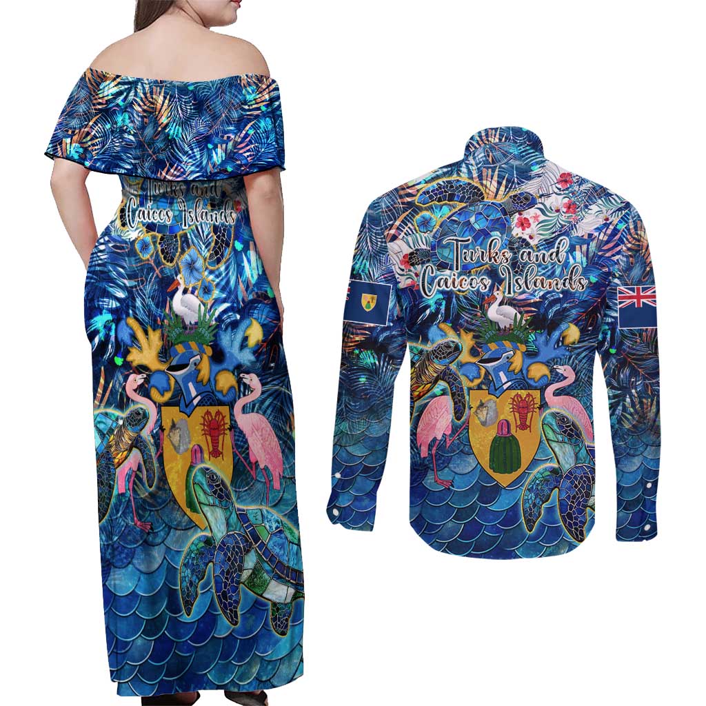 Turks and Caicos Islands Couples Matching Off Shoulder Maxi Dress and Long Sleeve Button Shirt Sea Turtle Tropical Pattern