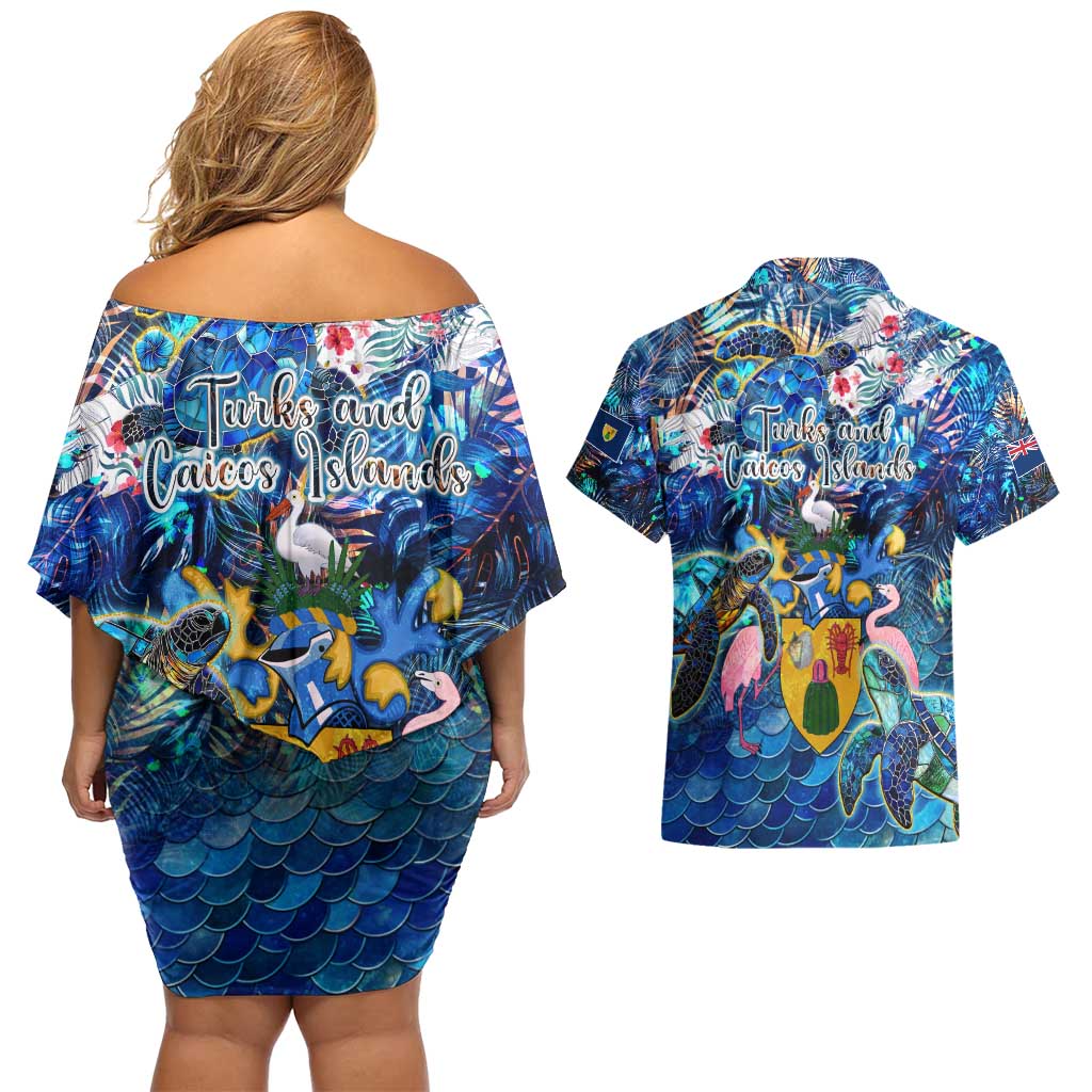 Turks and Caicos Islands Couples Matching Off Shoulder Short Dress and Hawaiian Shirt Sea Turtle Tropical Pattern