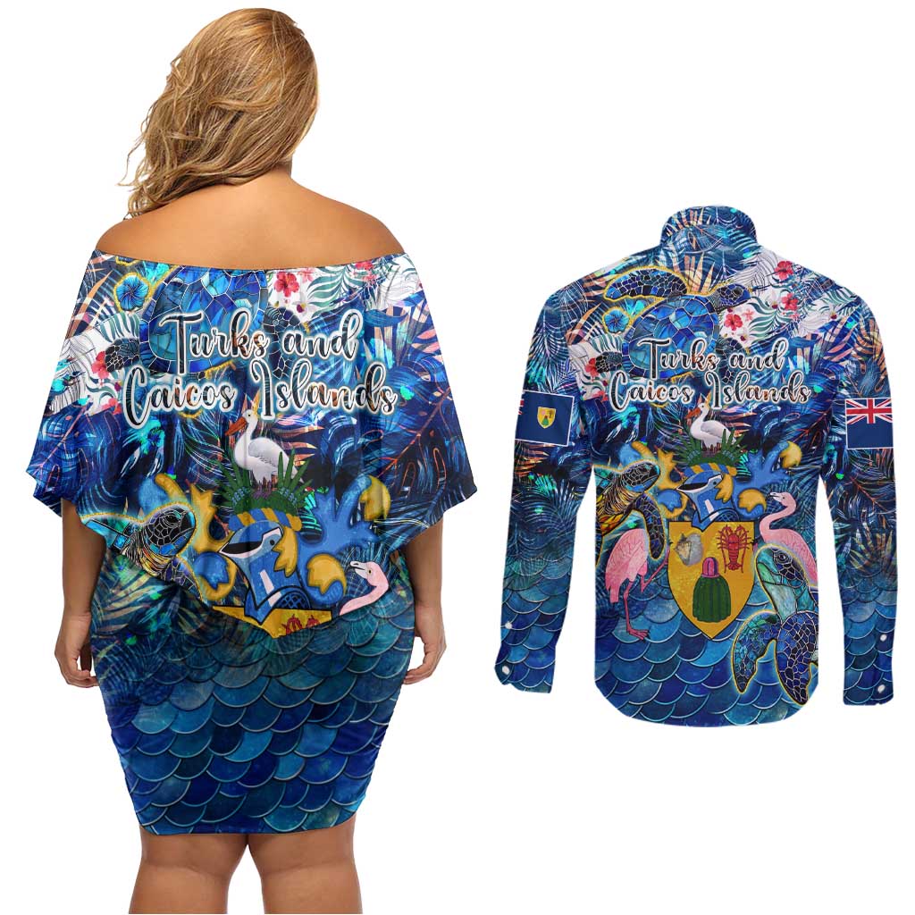Turks and Caicos Islands Couples Matching Off Shoulder Short Dress and Long Sleeve Button Shirt Sea Turtle Tropical Pattern