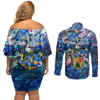 Turks and Caicos Islands Couples Matching Off Shoulder Short Dress and Long Sleeve Button Shirt Sea Turtle Tropical Pattern