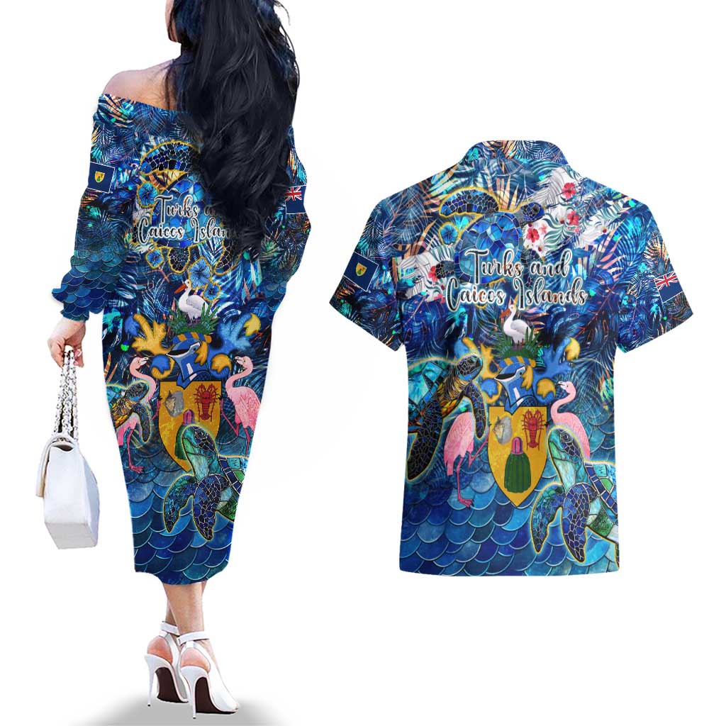 Turks and Caicos Islands Couples Matching Off The Shoulder Long Sleeve Dress and Hawaiian Shirt Sea Turtle Tropical Pattern